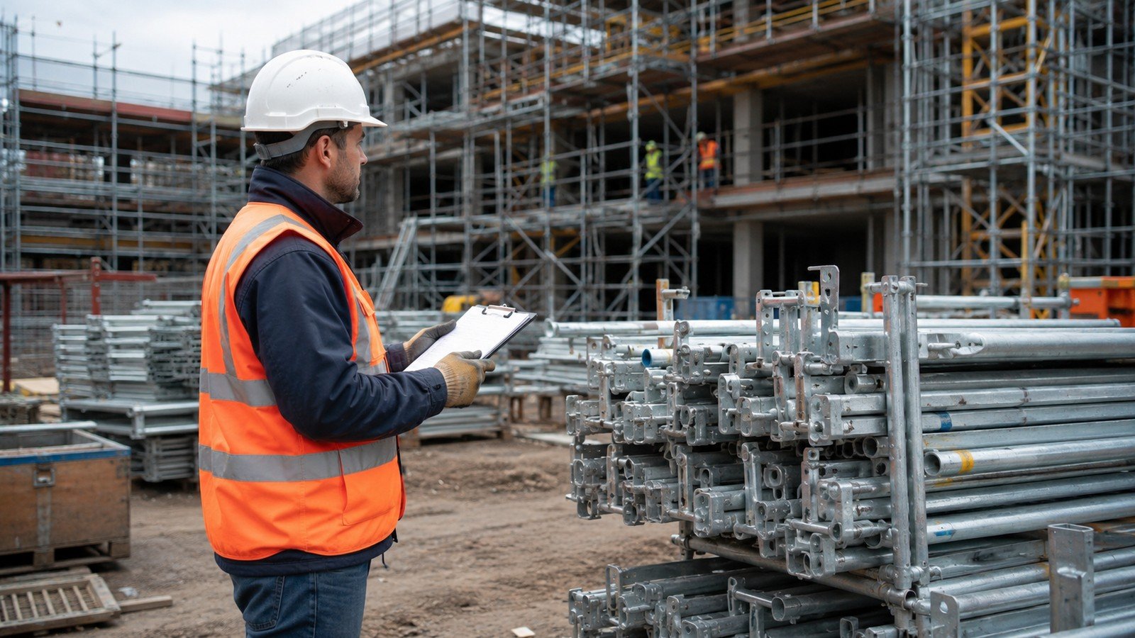Construction supervisor inspecting scaffolding materials