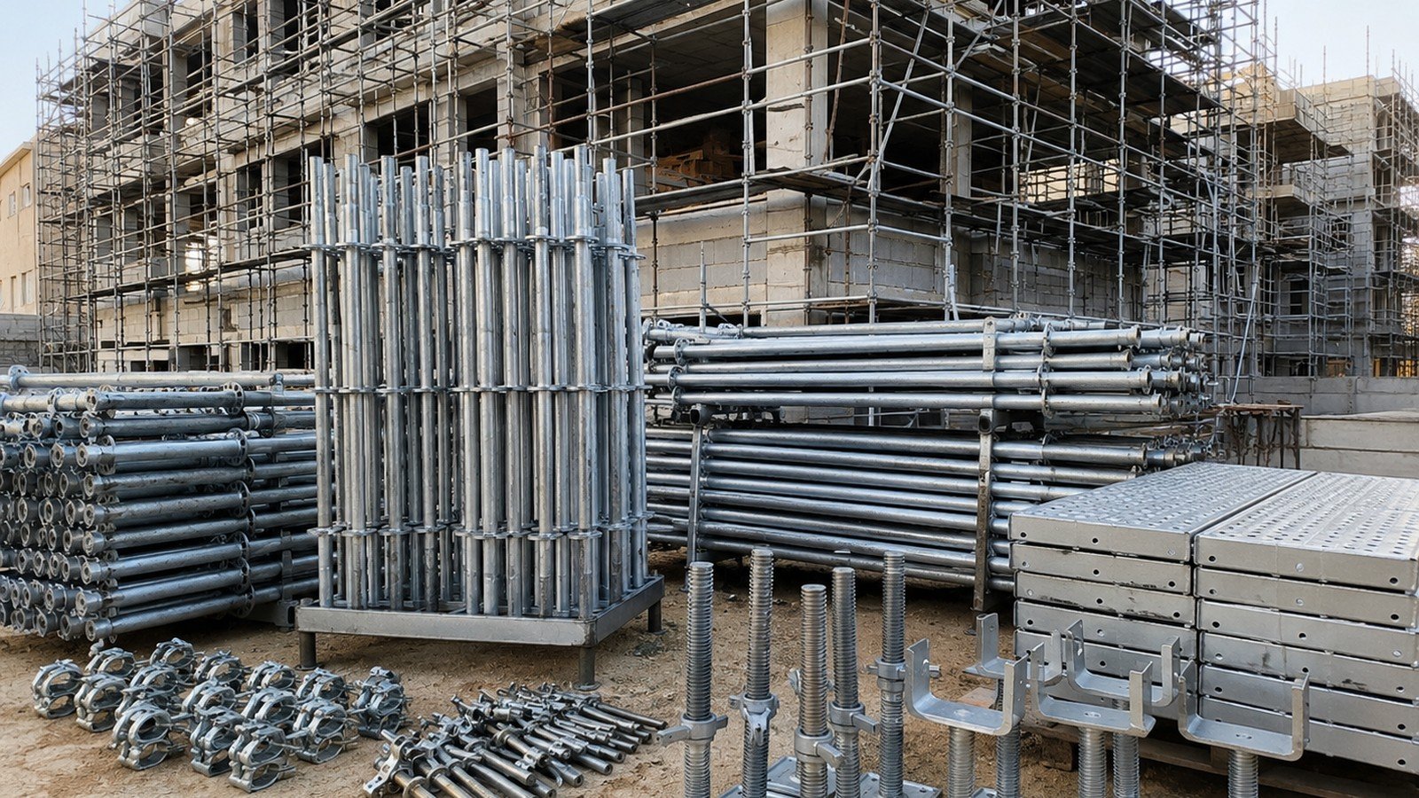 Scaffolding materials and building support systems ready for use